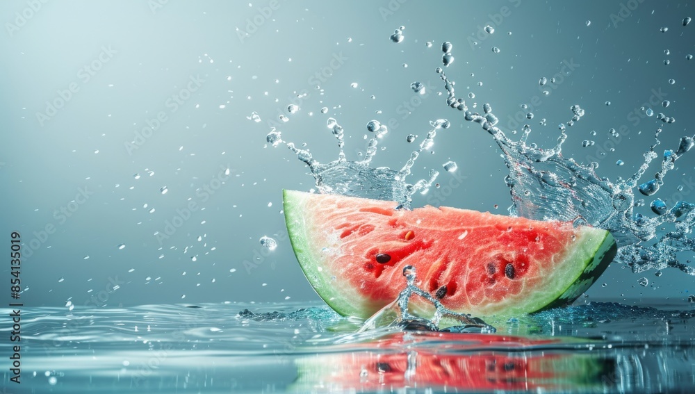 Poster a watermelon slice is floating in a pool of water. generate ai image