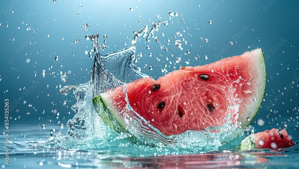 Poster a watermelon slice is floating in a pool of water. generate ai image