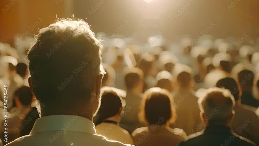 Poster defocused shapes of a speaker and a blurred crowd at an engaged public lecture.