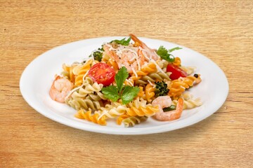 Tasty fresh pasta noodles dish with sauce and cheese