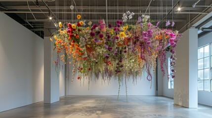 A large floral installation hangs from the ceiling of a modern gallery, featuring a variety of colorful blooms and greenery. The installation fills the space with a vibrant and whimsical atmosphere.