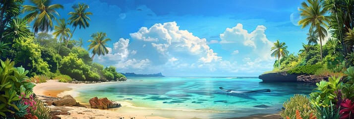A picturesque tropical lagoon with palm trees, white sand, and bright turquoise water. Generative AI