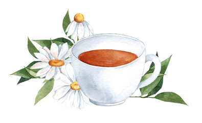 Watercolor illustration of chamomile tea. Drawing of mug with daisies isolated on white background for packaging and menu design. Drink with herbs for relaxation