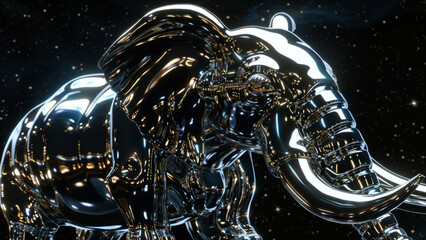 A striking metallic elephant sculpture with a geometric design, showcasing modern art's sleek and reflective qualities in a captivating abstract form.