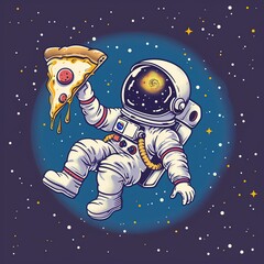 Astronaut floating in space while holding a slice of pizza on galaxy