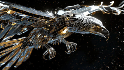 A striking metallic eagle sculpture with a geometric design, showcasing modern art's sleek and reflective qualities in a captivating abstract form.