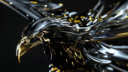 A striking metallic eagle sculpture with a geometric design, showcasing modern art's sleek and reflective qualities in a captivating abstract form.