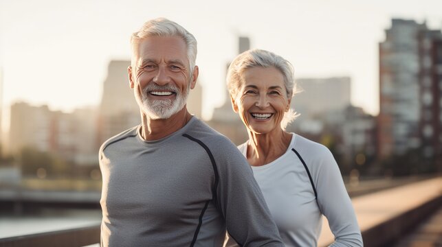 a beautiful couple of cheerful Caucasian pensioners in sportswear jogging against the backdrop of the urban landscape. playing sports in adulthood