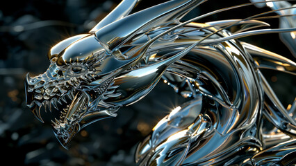 A striking metallic dragon sculpture with a geometric design, showcasing modern art's sleek and reflective qualities in a captivating abstract form.