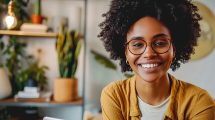 Person Smiling During a Video Meeting in a Cozy Home Office. Generative ai