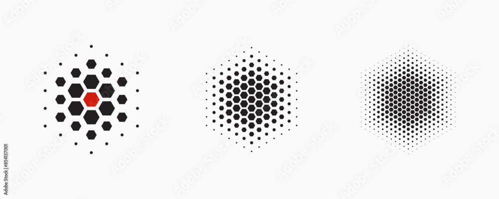 Poster set of dotted abstract shapes. hexagonal halftone pattern. half tone design elements in geometric te