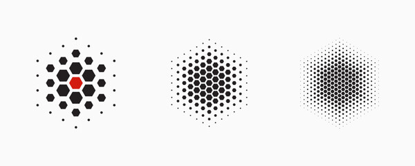 Set of dotted abstract shapes. Hexagonal halftone pattern. Half tone design elements in geometric tech style for logo, banner, web page, print, poster, business cards and template.