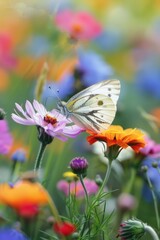 Naklejka premium Butterfly on a Flower in a Field of Flowers.