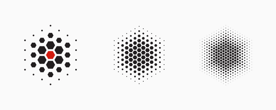 Set of dotted abstract shapes. Hexagonal halftone pattern. Half tone design elements in geometric tech style for logo, banner, web page, print, poster, business cards and template.