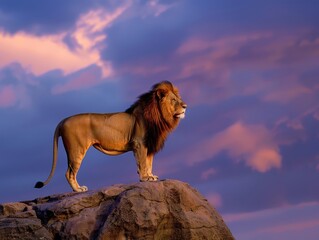 Lion on Rock Against Sunset Sky.