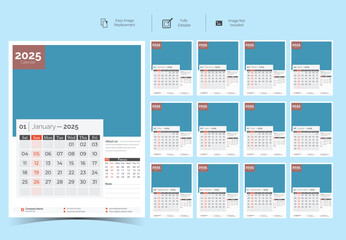 2025 Corporate Wall Calendar Template Design.Set of 12 pages calendar vector design with  print template