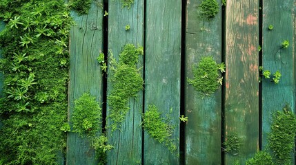 Fototapeta premium top view of green mossy wood planks texture arranged vertically, background for overlay