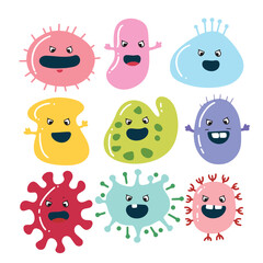 Collection of microbe character in flat style. Hand drawn vector art.