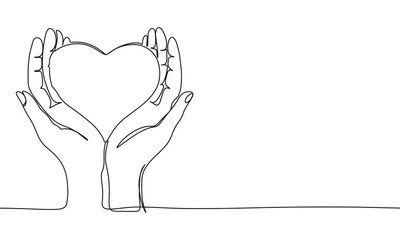 Heart in hands one line continuous. Line art heart in hands. Hand drawn vector art.