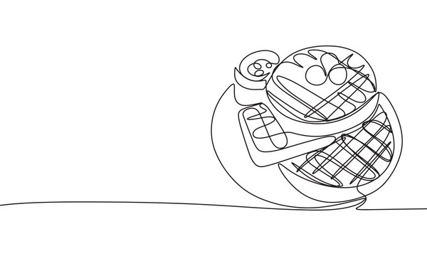 recommend clip art: Waffles on plate one line continuous. Line art breakfast. Hand drawn vector art.