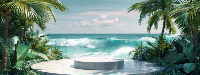 3d render podium with tropical beach background product display presentation scene with summer sea ocean waves and palm leaves 
