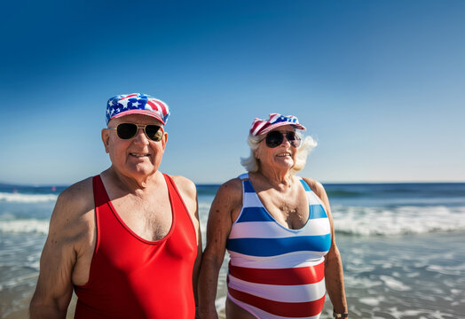 AI Image. Senior couple at the beach wearing USA American flag printed swimsuits and caps