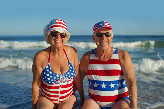 AI Image. Senior couple at the beach wearing USA American flag printed swimsuits and caps - Powered by Adobe