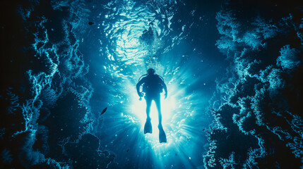 A man is swimming in the ocean with a bright light shining on him
