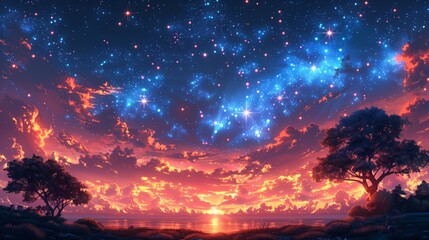 Obraz premium A serene image depicting a vibrant night sky filled with stars over a calm lake.