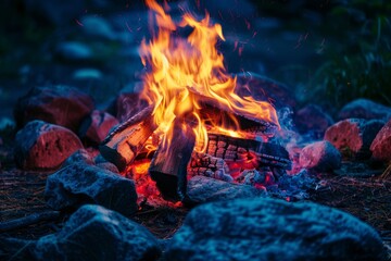 Immerse yourself in the cozy warmth of a campfire surrounded by the serene beauty of nature, as the vibrant flames dance against the dark backdrop of a Canadian night.
