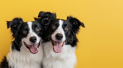 Fototapeta premium Cheerful border collies smiling directly at the camera, vibrant yellow background enhancing their joyful expressions, a playful and heartwarming scene