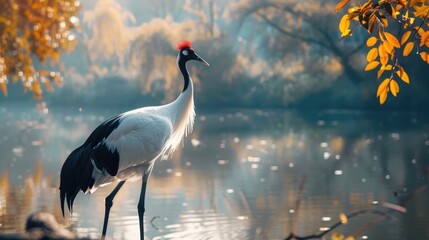 Rare and majestic East Asian crane known as the red crowned crane