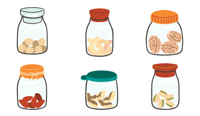 Set of glass jars with various nuts.Containers with different lids.Hazel, cashew, walnut, almond, pistachio and Brazil nut.Healthy food  graphic design for card,poster,banner.Vector flat  illustration