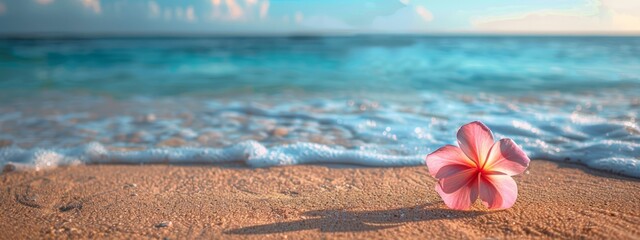  A pink flower atop a sandy beach, nearby a body of water and cloud-studded sky