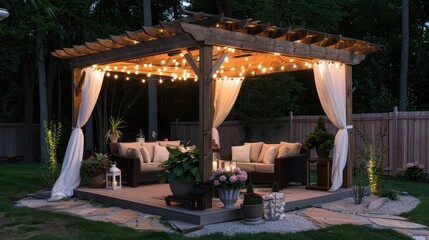 A wooden gazebo with white curtains and lights hanging from the roof