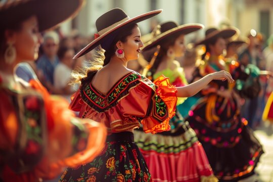 Fototapeta Experience the lively procession of traditional Spanish dancers and musicians filling the streets with color and joy during the Fiesta.