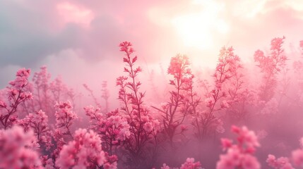 Obraz premium Beautiful soft pink flowers bathed in the warm glow of a sunset with a dreamy clouded sky backdrop