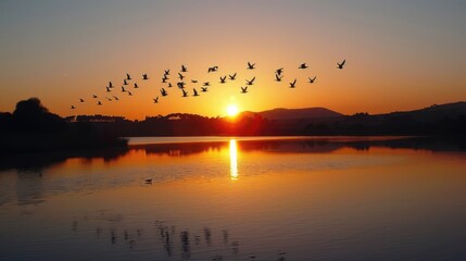 Fototapeta premium Birds Flying Over Lake at Sunset.