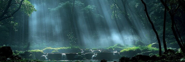 Fototapeta premium Sunlight streaming through a misty forest, capturing the serene and mystical beauty of nature with rays illuminating the tranquil greenery, Generative AI