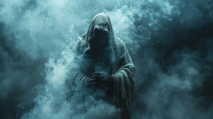 A shadowy figure stands enshrouded by mystical blue smoke, creating an eerie and captivating scene