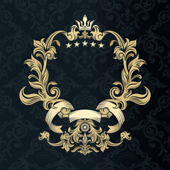 Victorian style vignette. Vector. Luxury vintage foliage ornament in gold color. Decorative ornamental frame. Template for brand logo, monograms, greeting cards, restaurants, invitations.