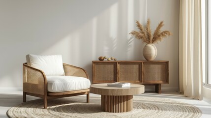 A living room with a white chair and a wooden coffee table