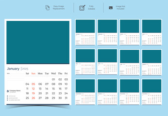 2025 Corporate Wall Calendar Template Design.Set of 12 pages calendar vector design with  print template