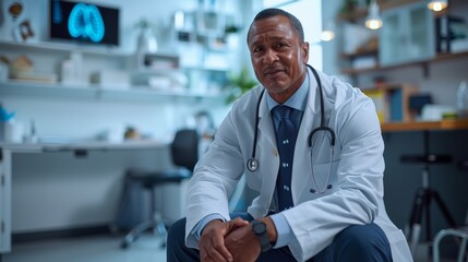 Fototapeta premium Considerate male doctor sitting in his office with x-ray scans in the background, depicting medical expertise