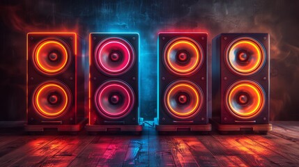 Four colorful speakers illuminated with neon lighting against a dark, moody backdrop make this...