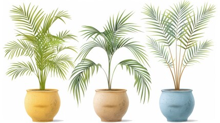 Fototapeta premium Three potted palm trees are shown in different sizes and colors