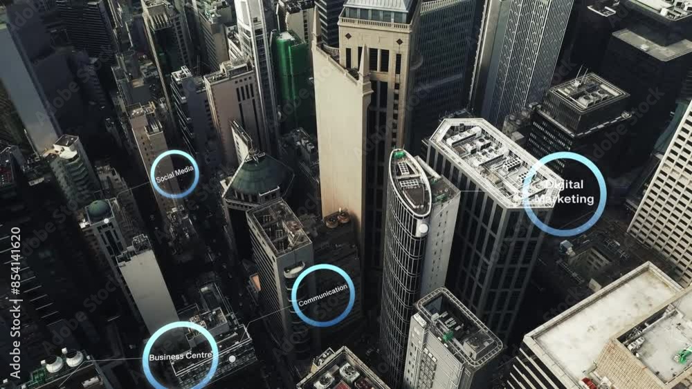 Poster internet, cityscape and wireless network with infrastructure overlay, lights or connection for commu