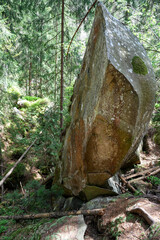 Fototapeta premium One stone in the forest in the mountains. Carpathians, Ukraine.