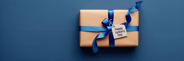 Sleek blue background with a gift box and a "Happy Father's Day" tag, in a top view.