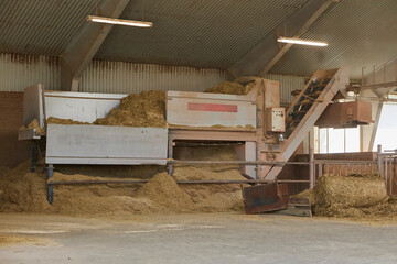 An automatic machine delivering hay to cows on a farm in Denmark